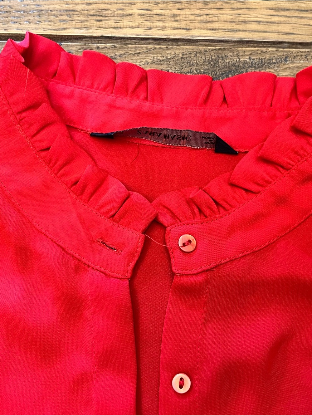 Zara Bright Red Ruffle-Neck Button-Front Shirt - Picture 6 of 8
